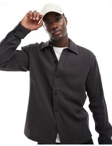 Jack & Jones Premium - Camicia a maniche lunghe oversize in tessuto a nido d'ape nera-Nero