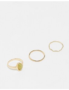 ASOS DESIGN - Confezione da 3 anelli ondulati dorati con pietra verde-Oro