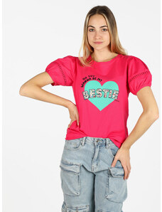 Monte Cervino T-shirt Donna Con Stampa Cuore e Pietre Colorate Manica Corta Fucsia Taglia S/m
