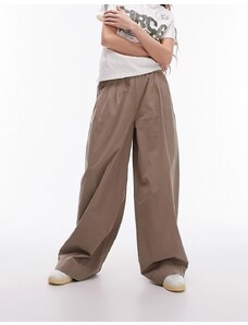 Topshop - Pantaloni a fondo super ampio a pieghe in popeline sabbia-Bianco