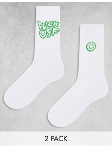 ASOS DESIGN - Confezione da 2 paia di calzini bianchi con scritta "Fuck Off"-Bianco