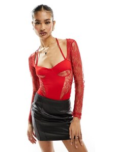 ASOS DESIGN - Body rosso a corsetto con inserti in pizzo e coprispalle
