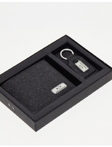 Armani Exchange - Set regalo con portafoglio a libro con scomparto per monete in pelle zigrinata e portachiavi nero