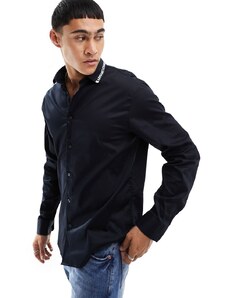 Armani Exchange - Camicia in maglia in popeline di cotone blu navy con colletto con logo a contrasto