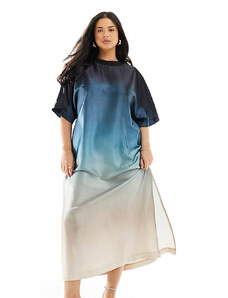 ASOS Curve ASOS DESIGN Curve - Vestito t-shirt midi oversize in raso blu sfumato-Multicolore