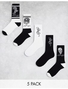 Ed Hardy - Rocama - Confezione da 5 calzini sportivi color bianco e nero-Multicolore