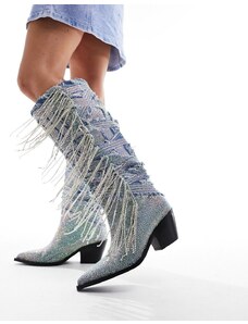 Azalea Wang - Domingo - Stivali al ginocchio in denim con strass e frange stile western-Blu