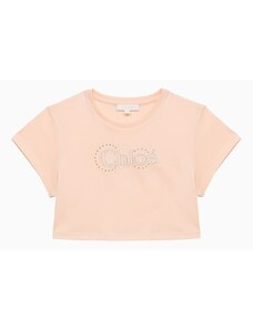 Chloé T-shirt croped rosa pallido in cotone con logo