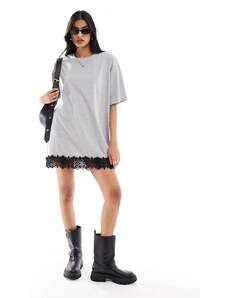 Noisy May - Vestito T-shirt oversize grigio con finiture in pizzo