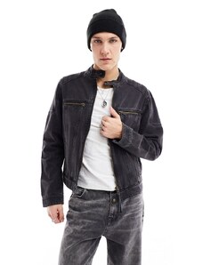 ASOS DESIGN - Giacca di jeans senza colletto nero slavato con pannelli