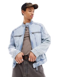 ASOS DESIGN - Giacca di jeans senza colletto blu lavaggio medio con pannelli