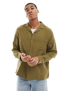 ASOS DESIGN - Camicia vestibilità comoda con rever in misto lino kaki con tasca applicata-Verde