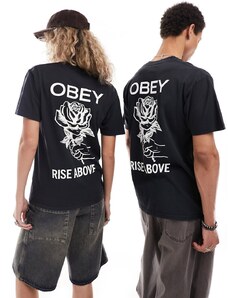 Obey - T-shirt unisex nera con grafica con rosa e tinta a pigmenti-Nero