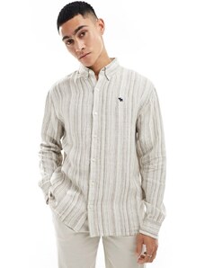 Abercrombie & Fitch - Icon - Camicia Oxford in lino a righe color cuoio/grigio con logo-Bianco