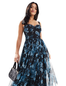 Lace & Beads Petite - Vestito midi con corsetto a fiori blu