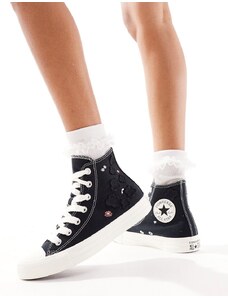Converse - Chuck Taylor All Star - Sneakers stringate nere con lacci grossi e fiori in organza-Nero