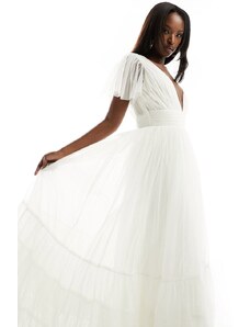 Lace & Beads - Madison - Vestito lungo da sposa in tulle color avorio con scollo a V-Bianco