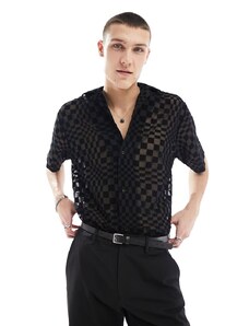 Twisted Tailor - Camicia a maniche corte nera con scacchiera fiammata e colletto rever-Nero
