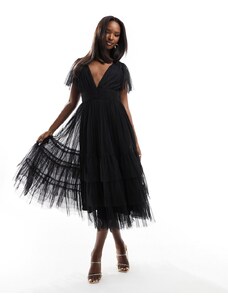 Lace & Beads - Madison - Vestito da damigella midi in tulle nero con scollo a V