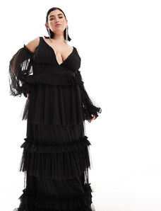 Lace & Beads Plus - Vestito lungo a balze nero in tulle con maniche trasparenti