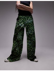 Topshop - Pantaloni a fondo ampio in raso verdi con stampa-Verde