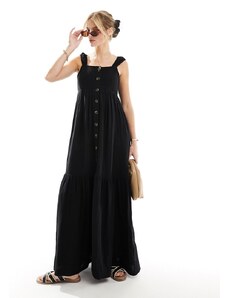 ASOS DESIGN - Vestito lungo allacciato sul retro nero in tessuto doppio arricciato con bottoni