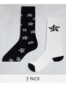 Threadbare - Ski - Confezione da 2 paia di calzini bianchi e neri con stampa di stelline-Nero
