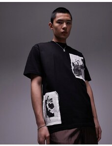 Topman - T-shirt premium oversize nera con toppe a fiori effetto invecchiato-Nero