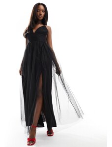 Lace & Beads - Vestito lungo in tulle nero incrociato sul retro