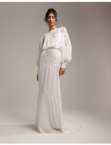 ASOS DESIGN - Ella - Vestito da sposa con maniche a campana color crema in pizzo sangallo con perline-Bianco