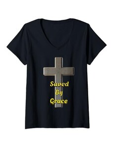 Saved By Grace Donna Salvato dalla grazia attraverso la fede in Gesù Cristo Maglietta con Collo a V