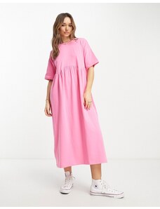 ASOS DESIGN - Vestito grembiule midi rosa acceso a maniche corte con cuciture a vista