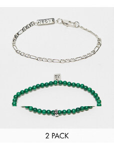 Icon Brand - Confezione da 2 bracciali a catenina argentata e con perline verdi-Argento