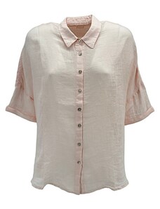 120% Lino camicia donna in lino rosa modello over con dettagli sangallo