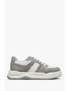 Women's Grey & White Suede & Leather Low-Top Sneakers Estro ER00114662