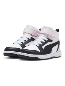 Sneakers alte bianche e nere da bambina con dettagli rosa Puma Rebound v6 Mid AC+ PS