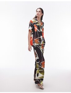 Topshop - Pantaloni in raso con stampa artistica astratta multicolore in coordinato