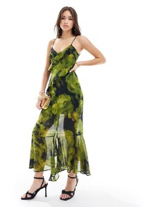 Miss Selfridge - Vestito lungo asimmetrico in chiffon con volant verde a fiori