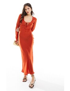 ASOS DESIGN - Vestito midi color terracotta allacciato sul davanti a maniche lunghe con profili-Arancione