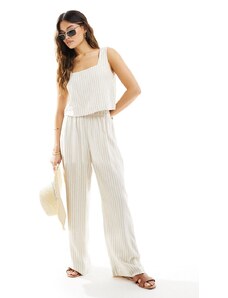 Abercrombie & Fitch - Pantaloni in misto lino a fondo ampio beige a righe bianche con vita elasticizzata in coordinato-Bianco