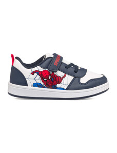 Sneakers primi passi bianche e blu da bambino con logo Spiderman
