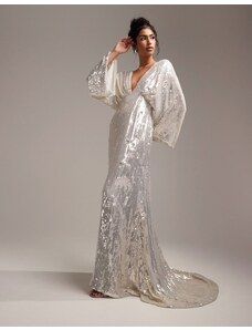 ASOS DESIGN - Harriet - Vestito da sposa color avorio con paillettes e maniche a kimono-Bianco