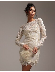 ASOS DESIGN - Vestito da sposa corto color crema a maniche lunghe con ricami-Neutro