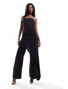 ASOS DESIGN - Tuta jumpsuit a fondo ampio a fascia con drappeggio nera-Nero
