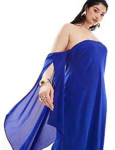 ASOS Curve Esclusiva ASOS DESIGN Curve - Vestito lungo con scollo bardot blu cobalto con maniche con spacco