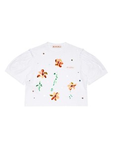 MARNI KIDS T-shirt crop bianca con paillettes