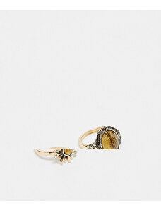 Reclaimed Vintage - Confezione da 2 anelli unisex dorati con pietra sintetica e sole-Oro