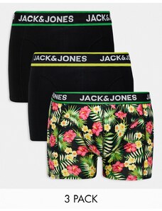 Jack & Jones - Confezione di 3 paia di boxer aderenti neri a fiori-Nero