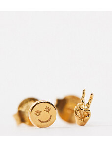 Rachel Jackson - Orecchini a bottone con faccina sorridente e simbolo della pace placcati oro 22 k con confezione regalo