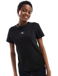Calvin Klein Jeans - T-shirt nera a coste con etichetta cucita del logo-Nero